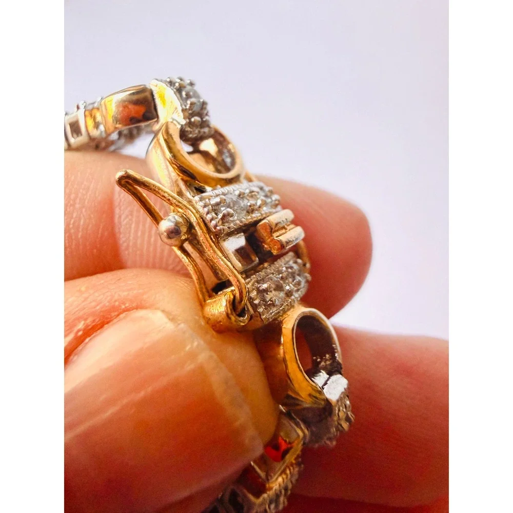 Sterling Silver 925 Two Tone Gold Plated Pave Stone Link Bracelet 7.5